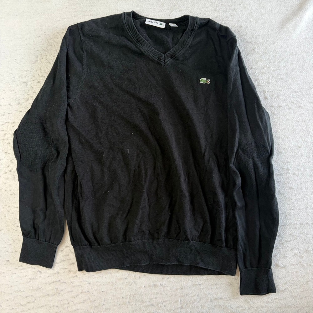 Lacoste V-Neck Sweater Mens Size L Black Long Sleeve Cotton Knit Logo